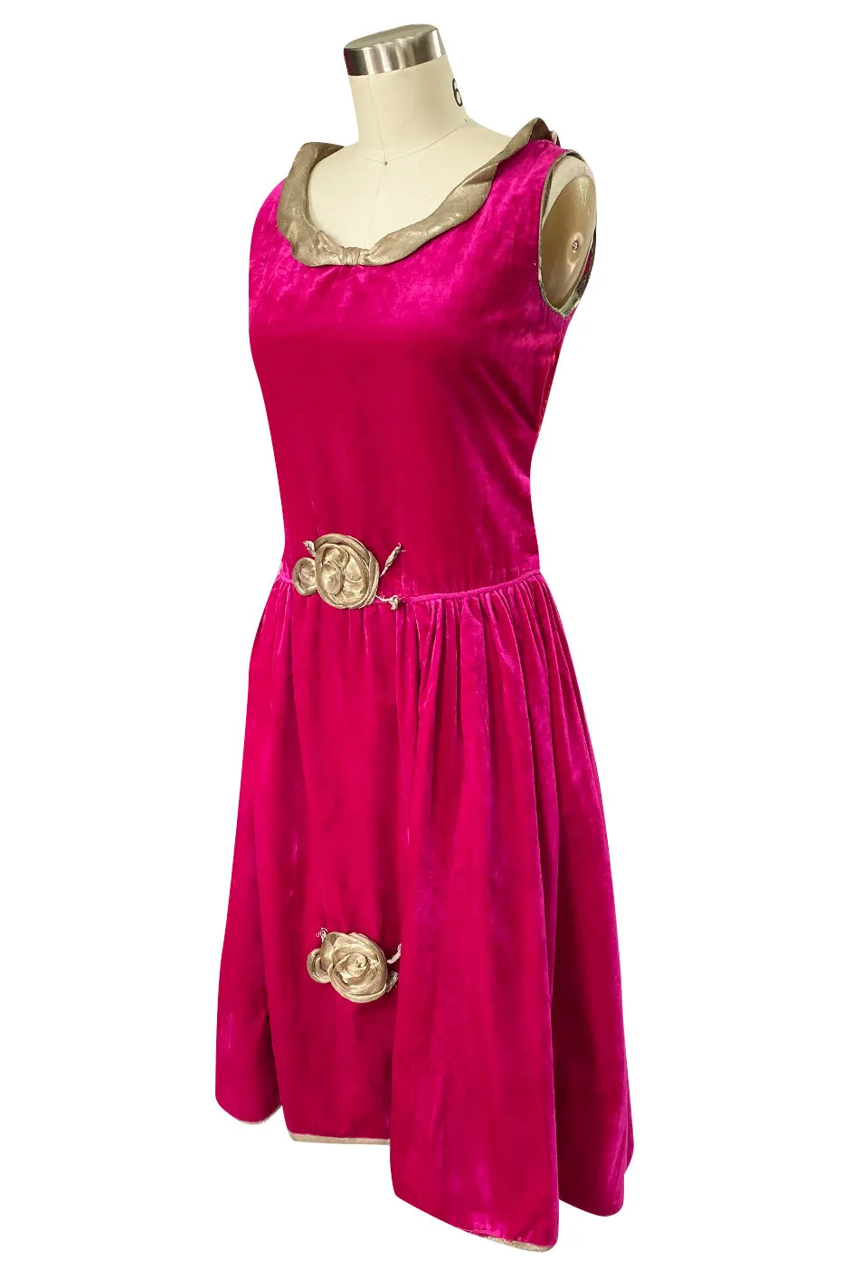 1920s Deep Fuchsia Pink Velvet Dress w Gold Lame Flowers & Trim