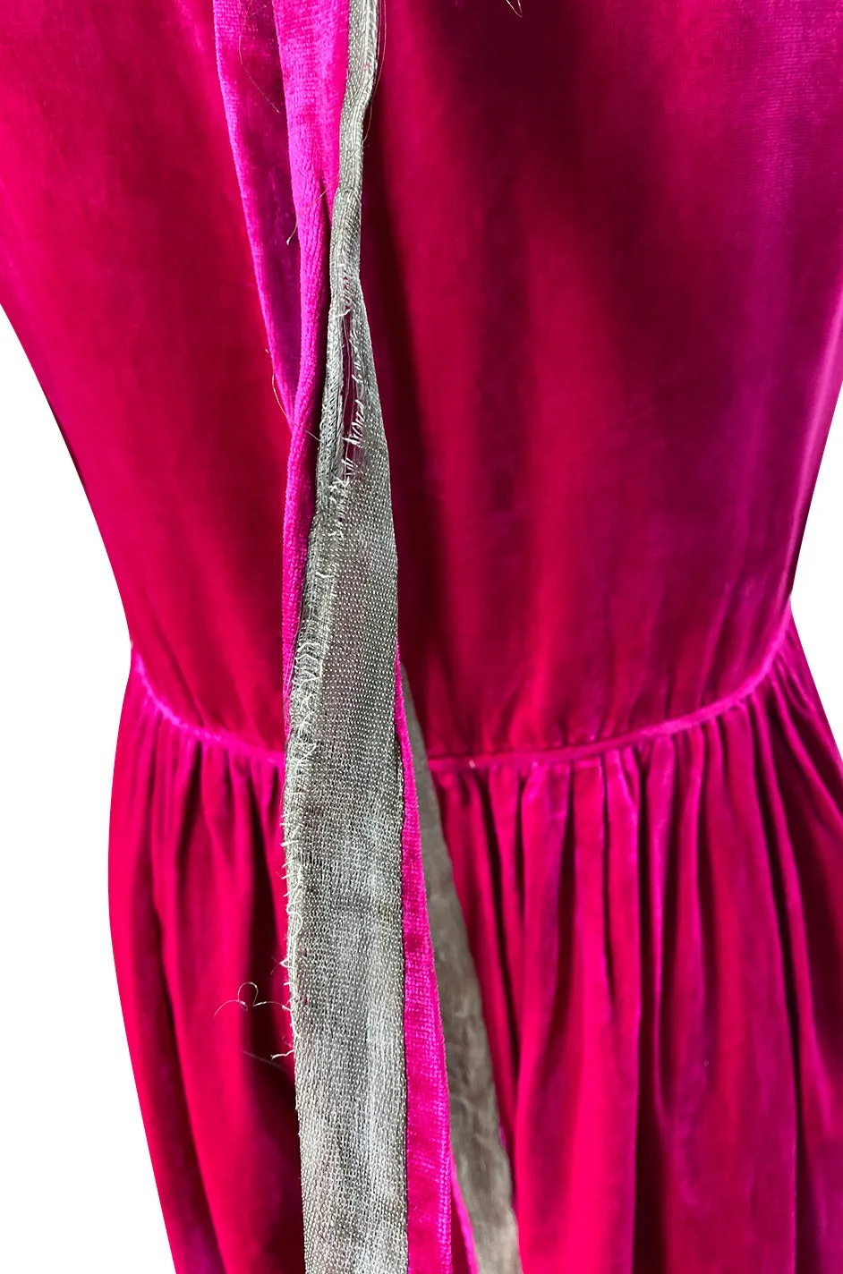 1920s Deep Fuchsia Pink Velvet Dress w Gold Lame Flowers & Trim