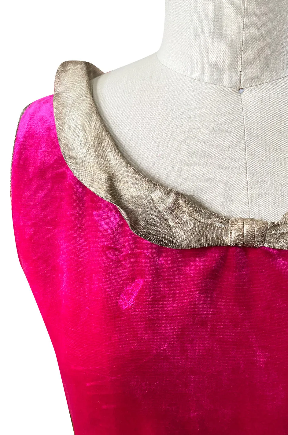 1920s Deep Fuchsia Pink Velvet Dress w Gold Lame Flowers & Trim