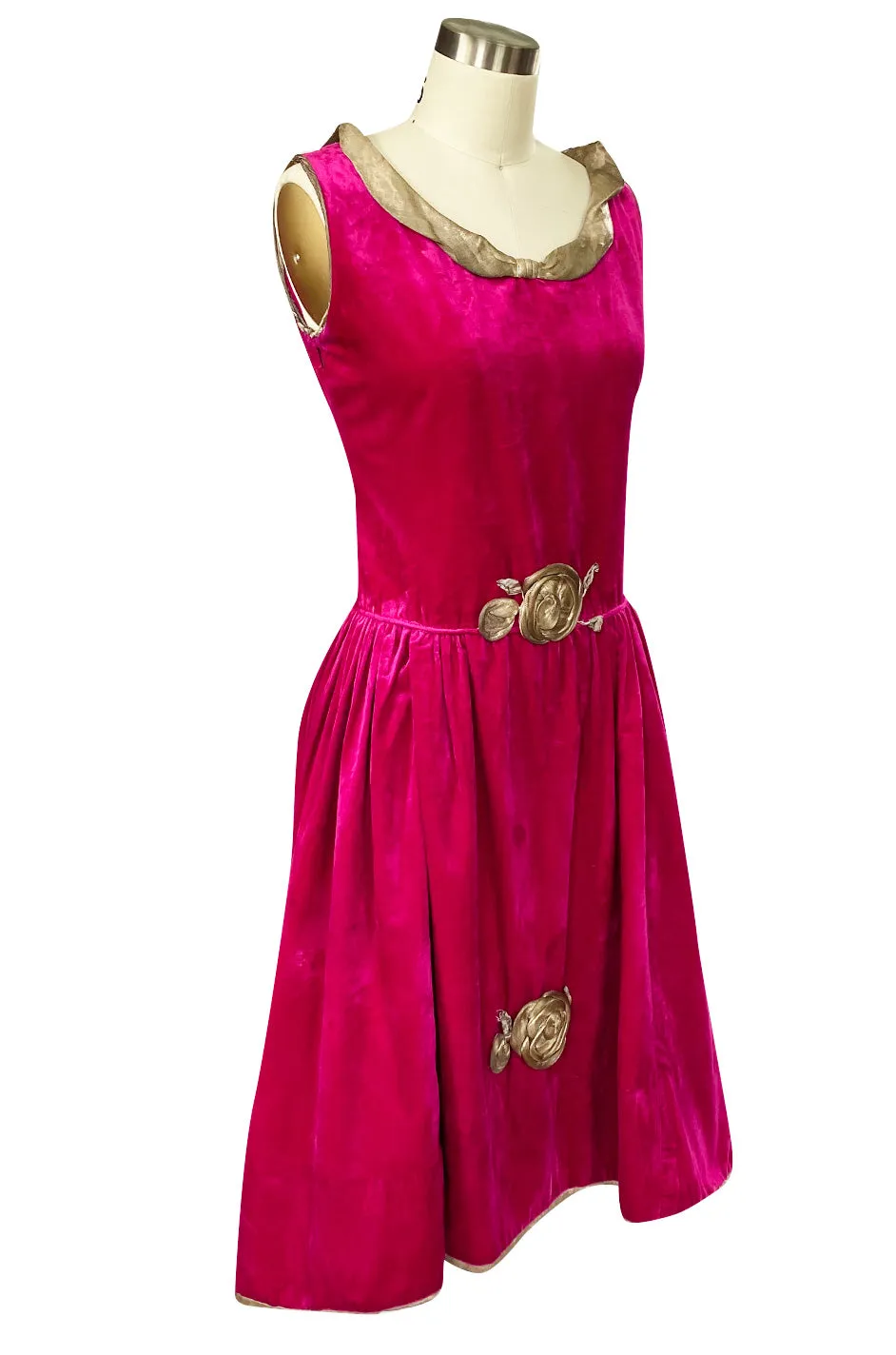 1920s Deep Fuchsia Pink Velvet Dress w Gold Lame Flowers & Trim