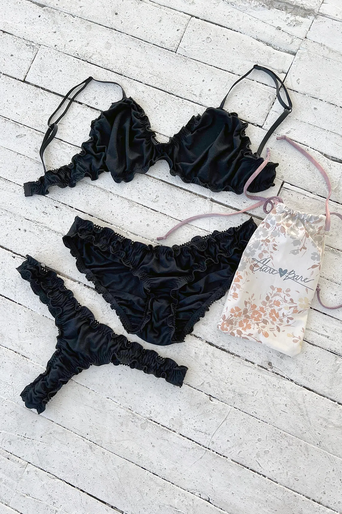 3 PIECE GIFT SET | Oleander Bralette   Bloomer   Thong in Black Tencel Modal Jersey