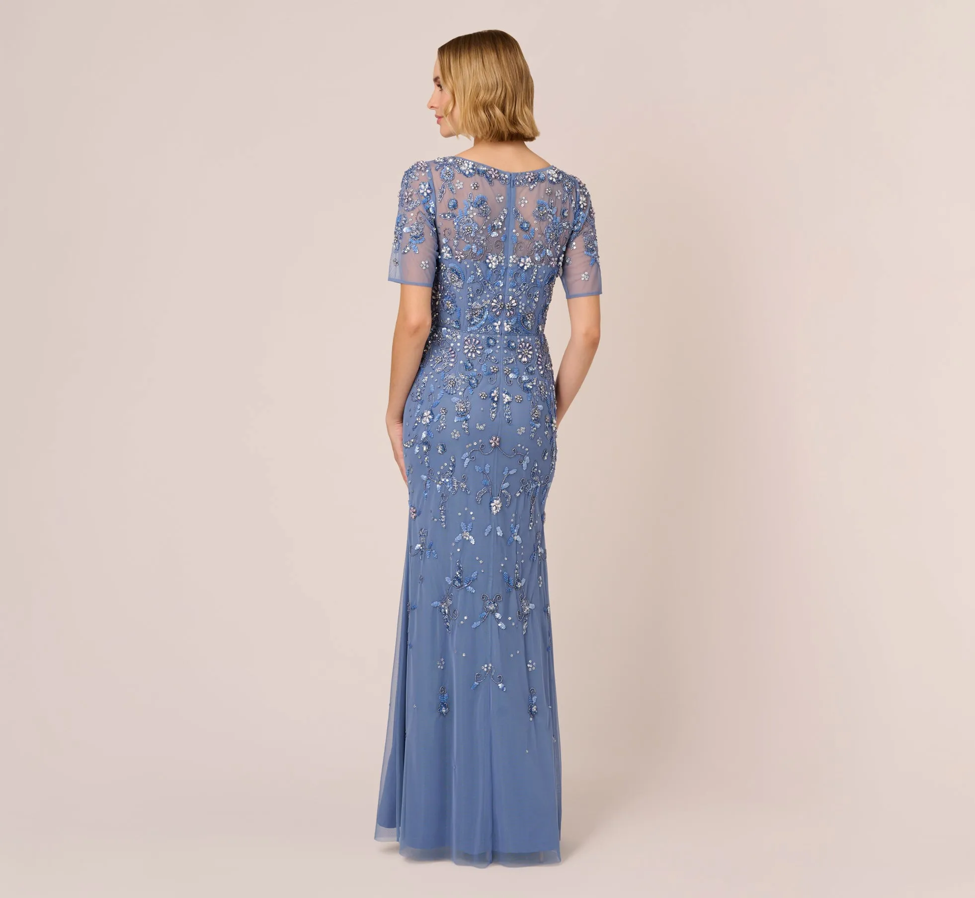 3D Floral Beaded Mermaid Gown With Sheer Short Sleeves In French Blue