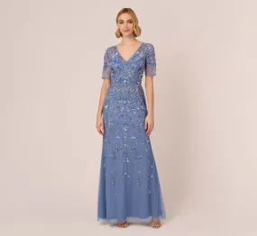 3D Floral Beaded Mermaid Gown With Sheer Short Sleeves In French Blue