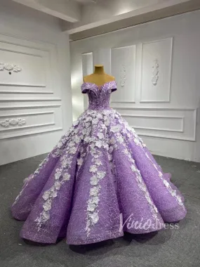 3D Flower Lilac Sweet 15 Dress Off the Shoulder Quince Dress 66601