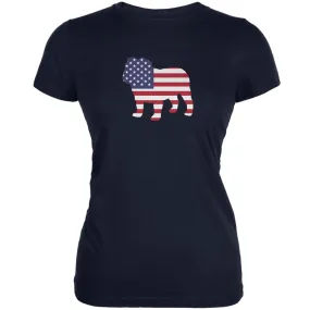 4th of July Patriotic Dog Bulldog Navy Juniors Soft T-Shirt