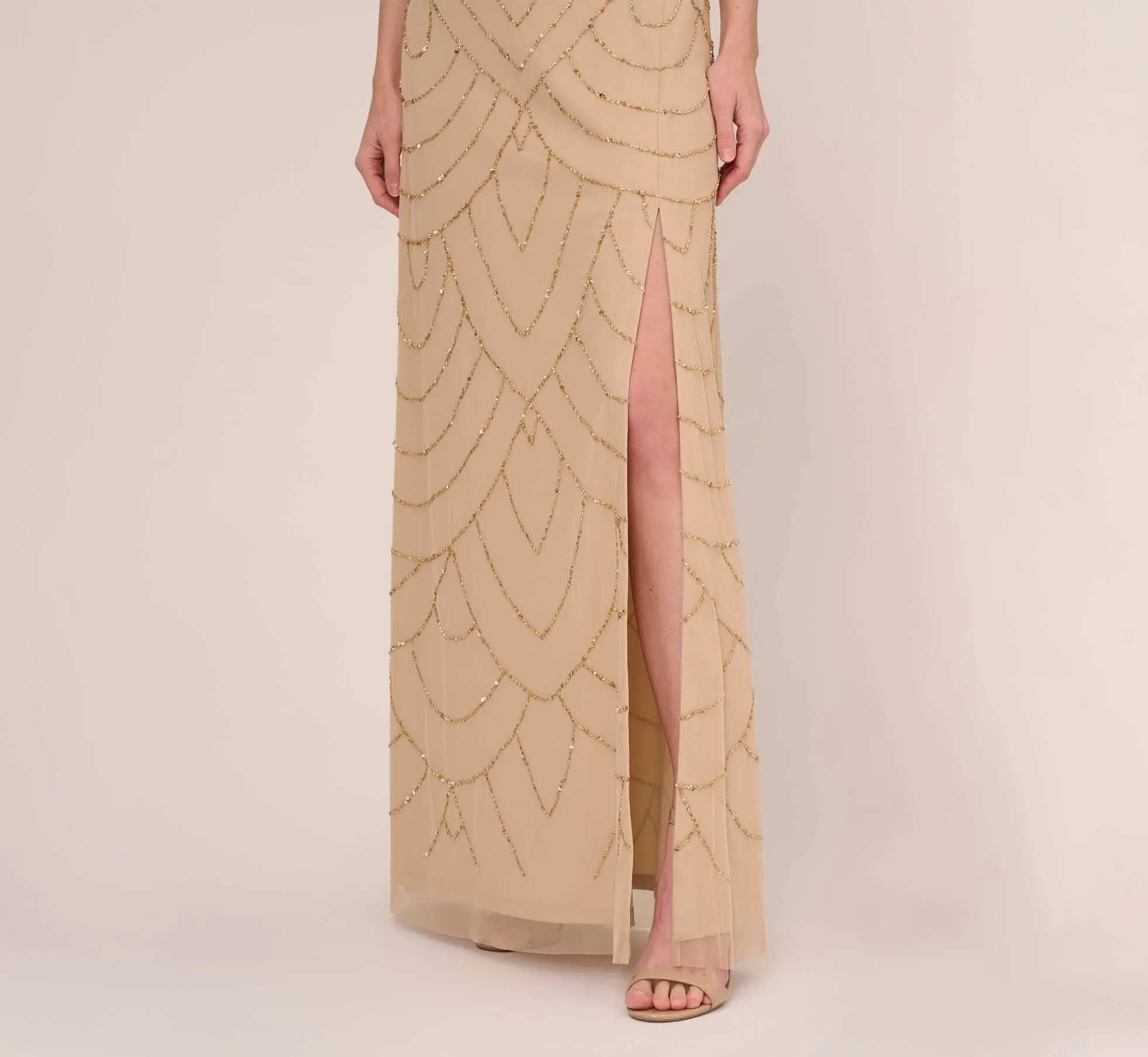 Art Deco Beaded Mermaid Gown With Cowl Neckline In Champagne Gold