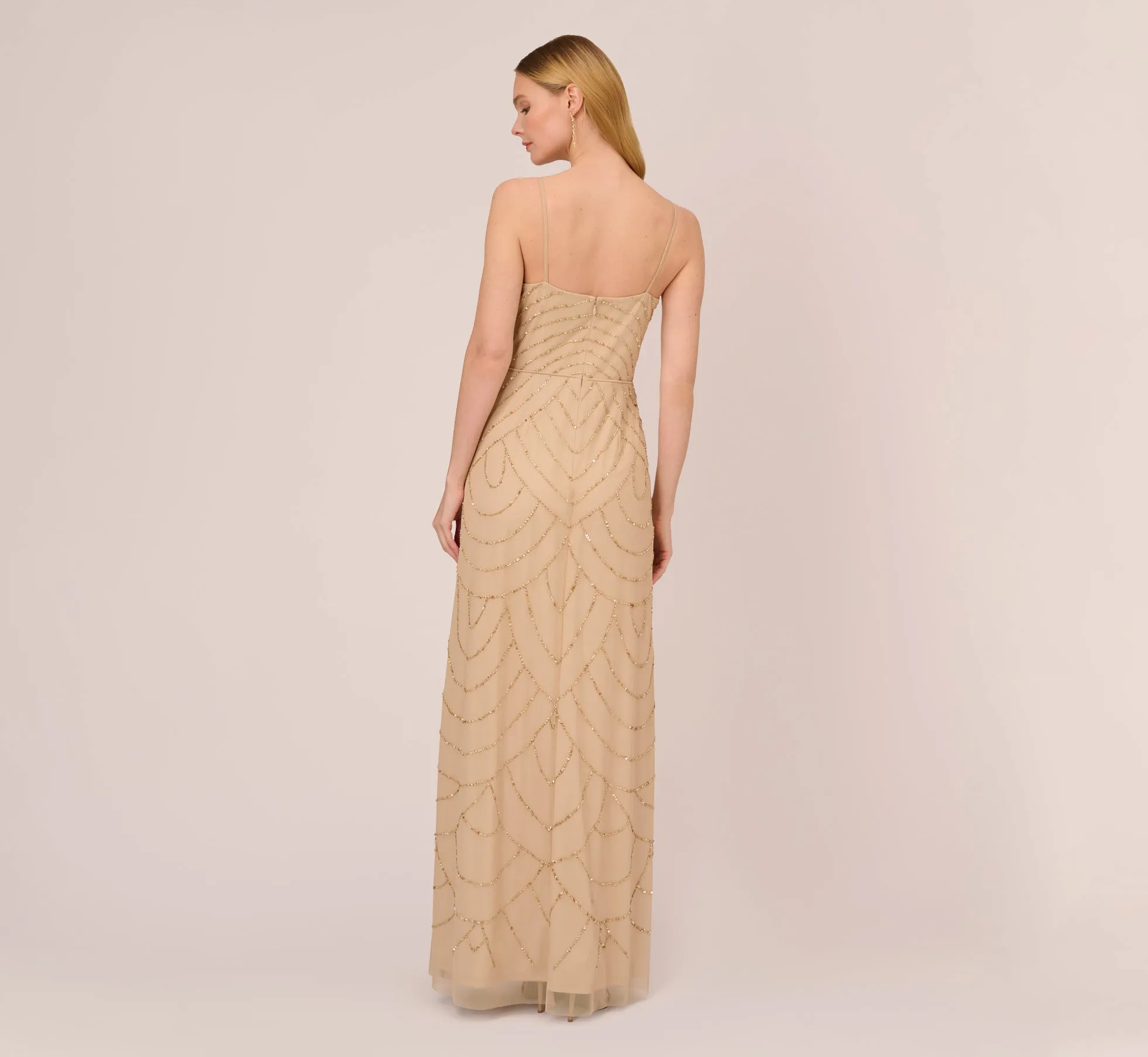 Art Deco Beaded Mermaid Gown With Cowl Neckline In Champagne Gold