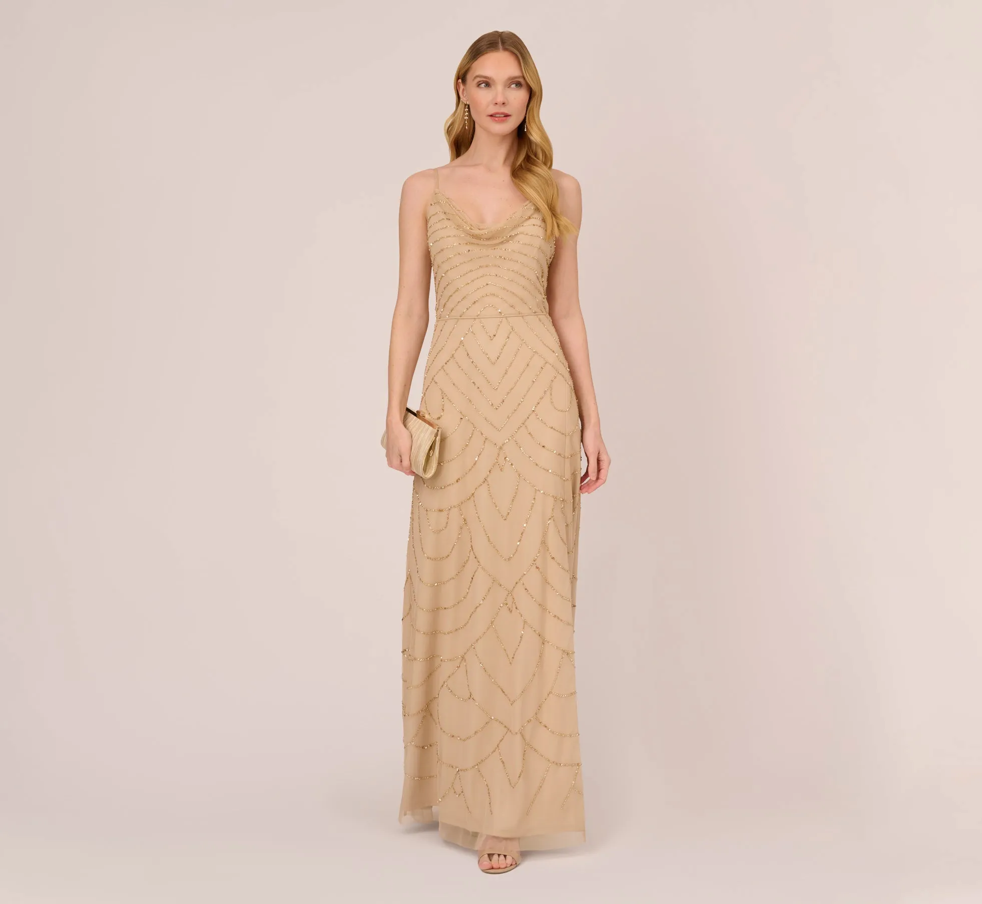 Art Deco Beaded Mermaid Gown With Cowl Neckline In Champagne Gold