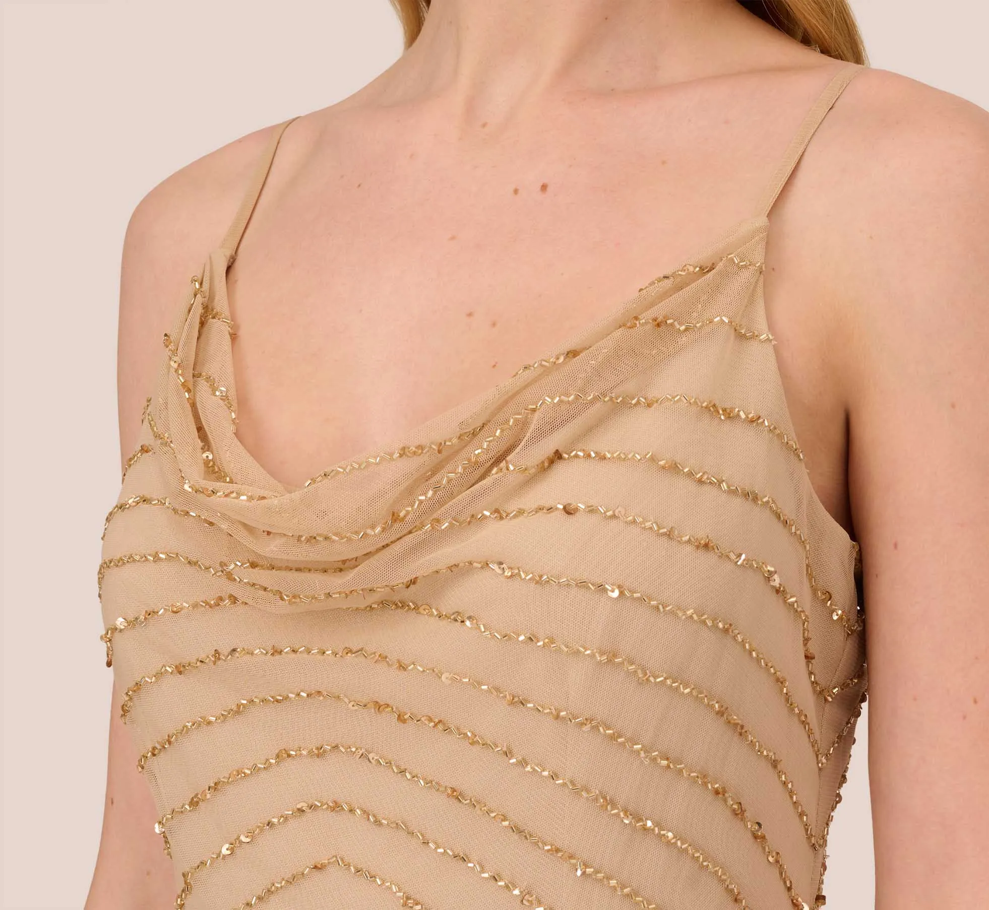 Art Deco Beaded Mermaid Gown With Cowl Neckline In Champagne Gold