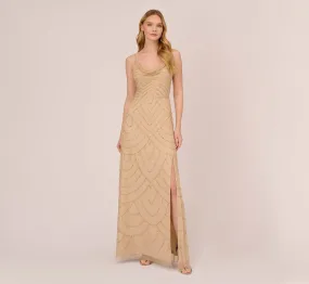 Art Deco Beaded Mermaid Gown With Cowl Neckline In Champagne Gold