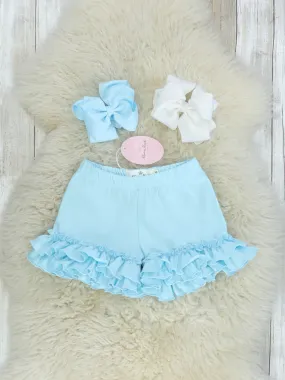 Baby Blue Ruffle Trim Cotton Shorts