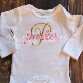 Baby girl bodysuit -- Initial Personalized Bodysuit or Shirt.  Can be customized to other color combos.  Newborn and up