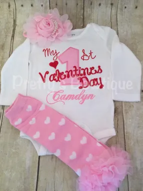 Baby Girls My 1st Valentine's Day Shirt or bodysuit -- First Valentine's Day personalized shirt, legwarmers and headband