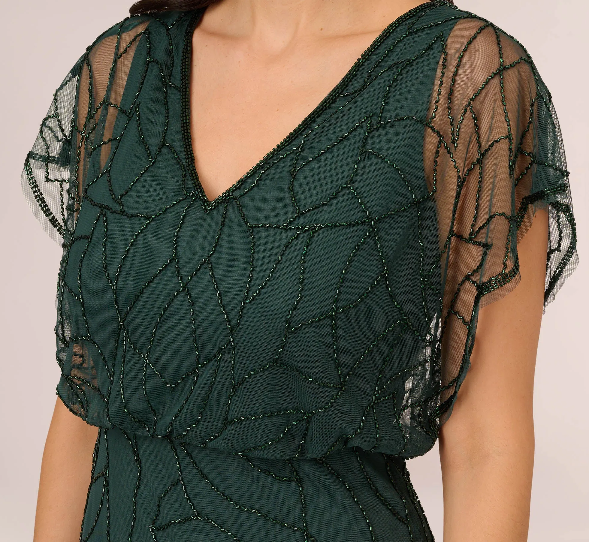 Beaded Blouson Mermaid Gown With Sheer Dolman Sleeves In Dusty Emerald