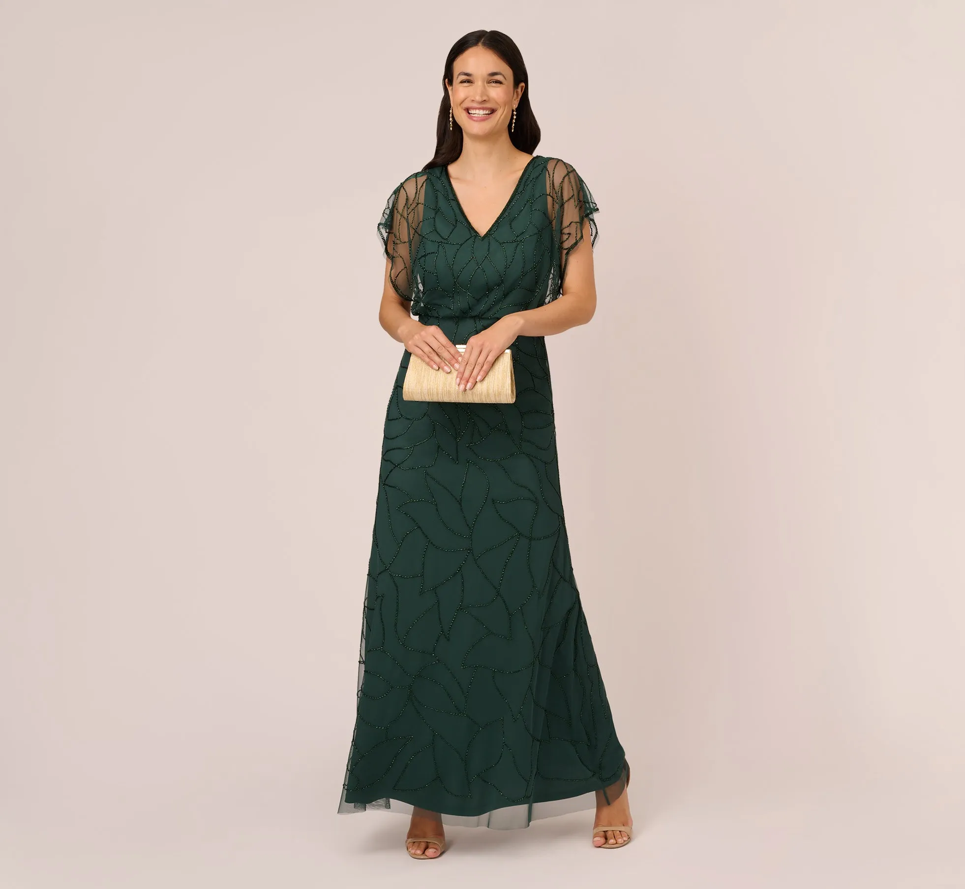 Beaded Blouson Mermaid Gown With Sheer Dolman Sleeves In Dusty Emerald