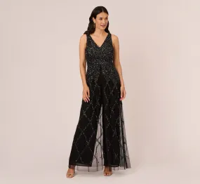 Beaded Wide Leg Jumpsuit With Georgette Overlay In Black