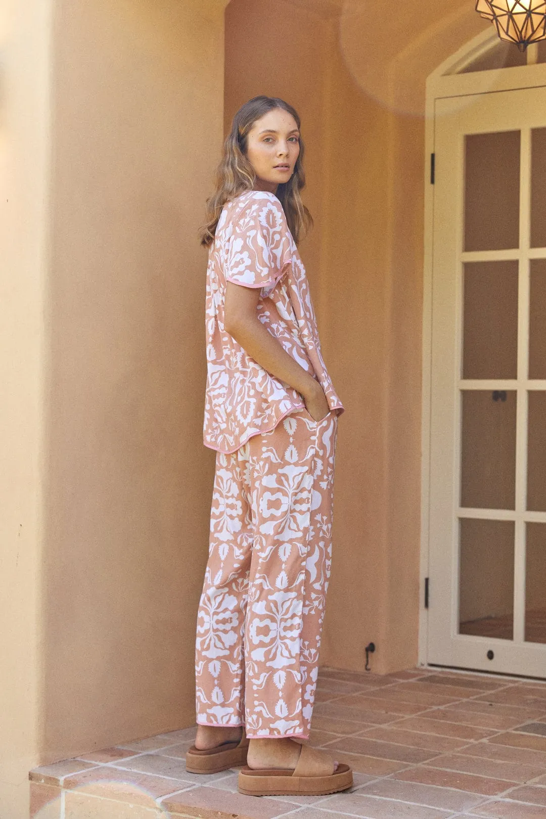 Bianca Tie Sleep Set - Pants - Lyocell Linen - Flower Folk - Dusty Coral