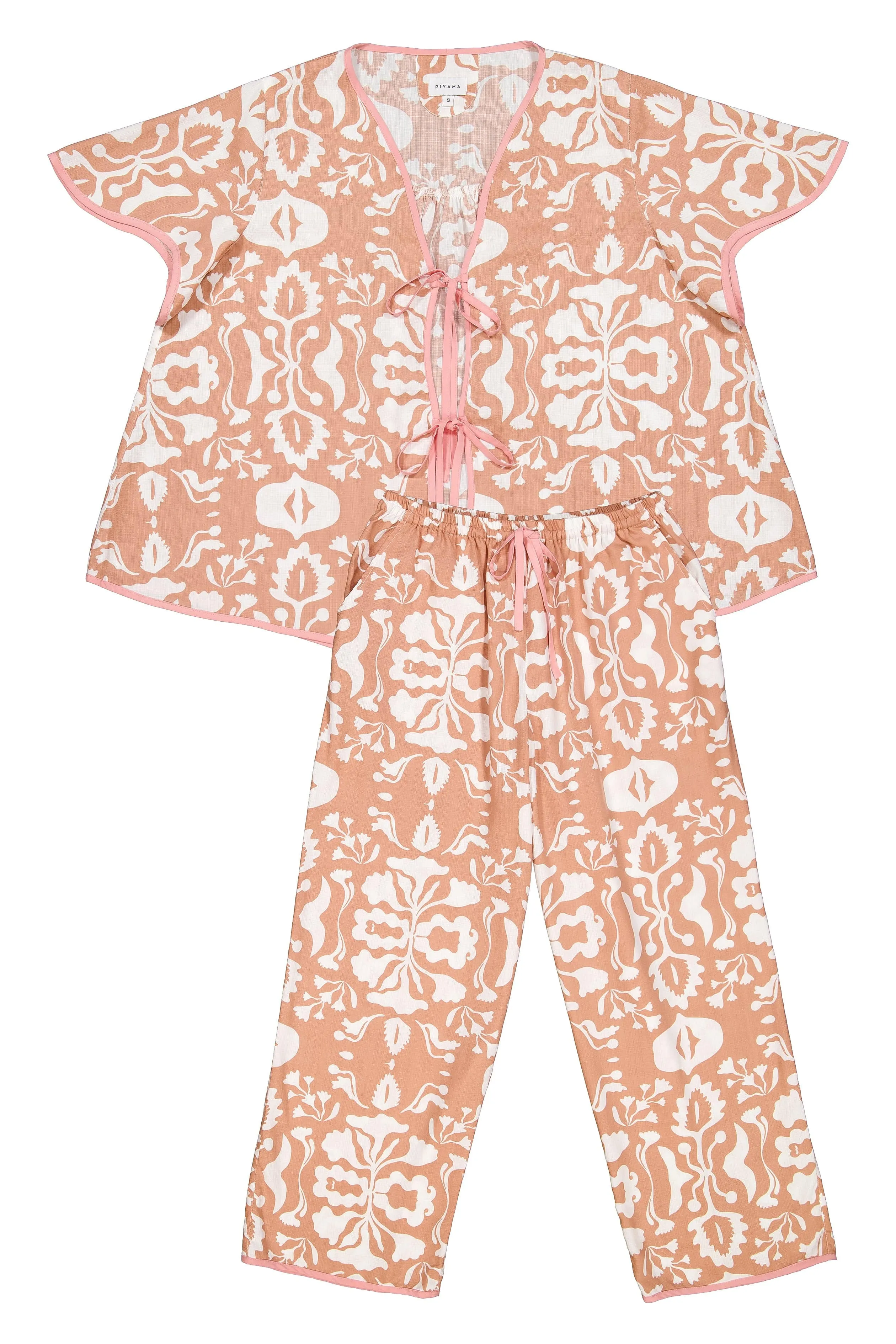 Bianca Tie Sleep Set - Pants - Lyocell Linen - Flower Folk - Dusty Coral