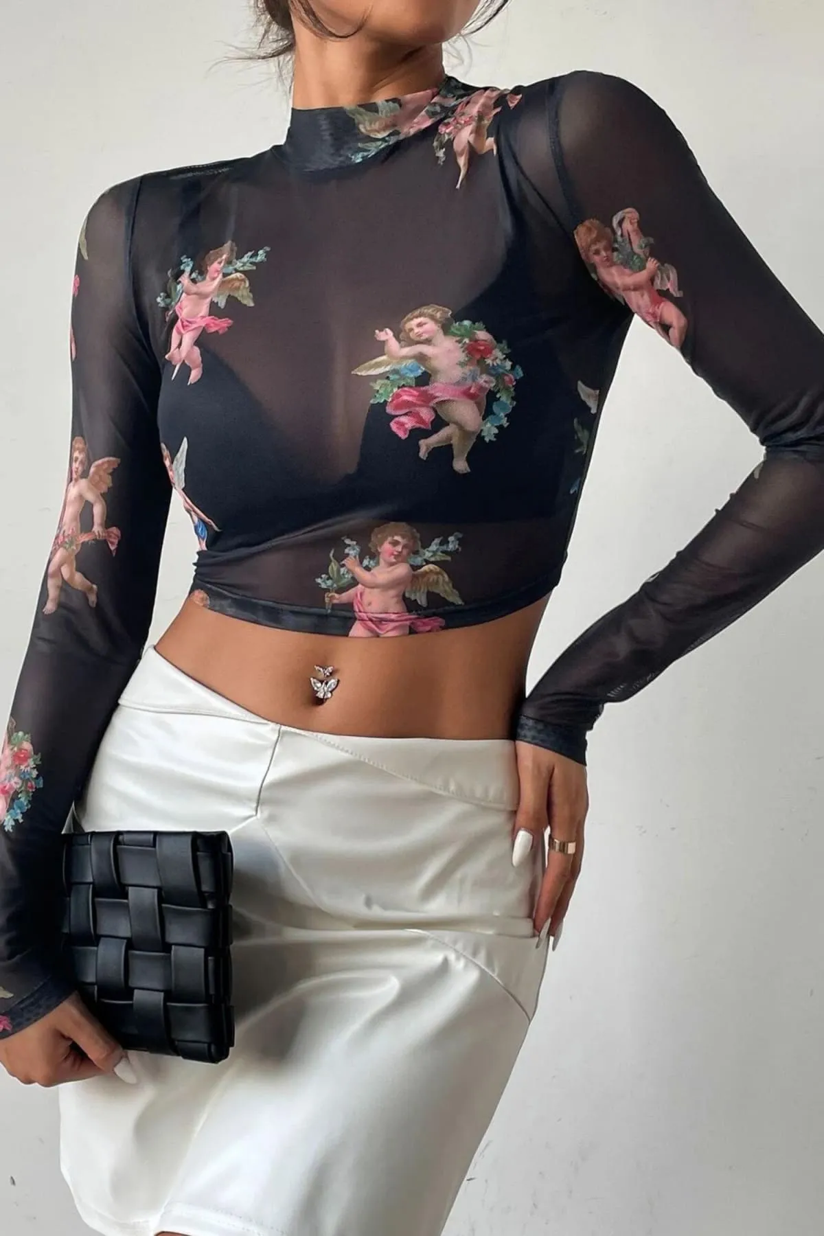 Black Angel Print Transparent Mesh Crop top