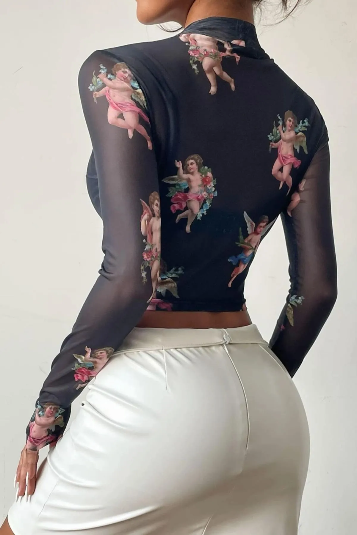 Black Angel Print Transparent Mesh Crop top