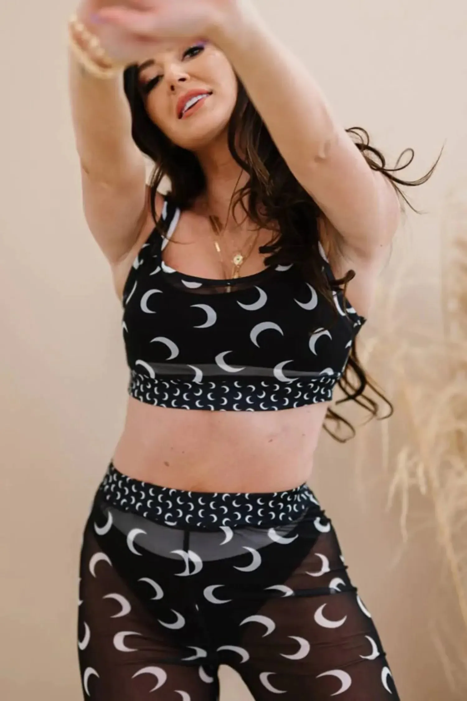 Black Crescent Moon Print Mesh Sports Bra & Leggings Set