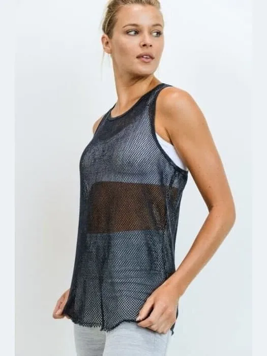 Black Mesh Racerback Mineral Wash Longline Tank Top