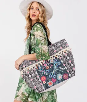 Boho Dragonfly Flower Print Fringe Pom Pom Tote Bag