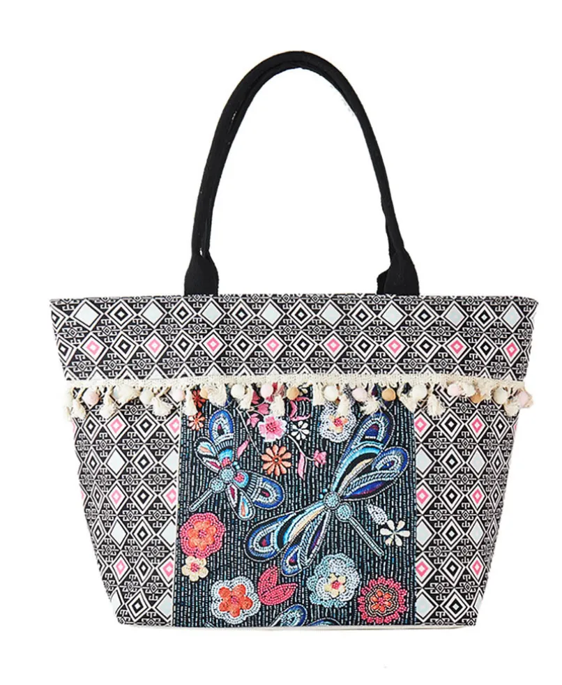 Boho Dragonfly Flower Print Fringe Pom Pom Tote Bag