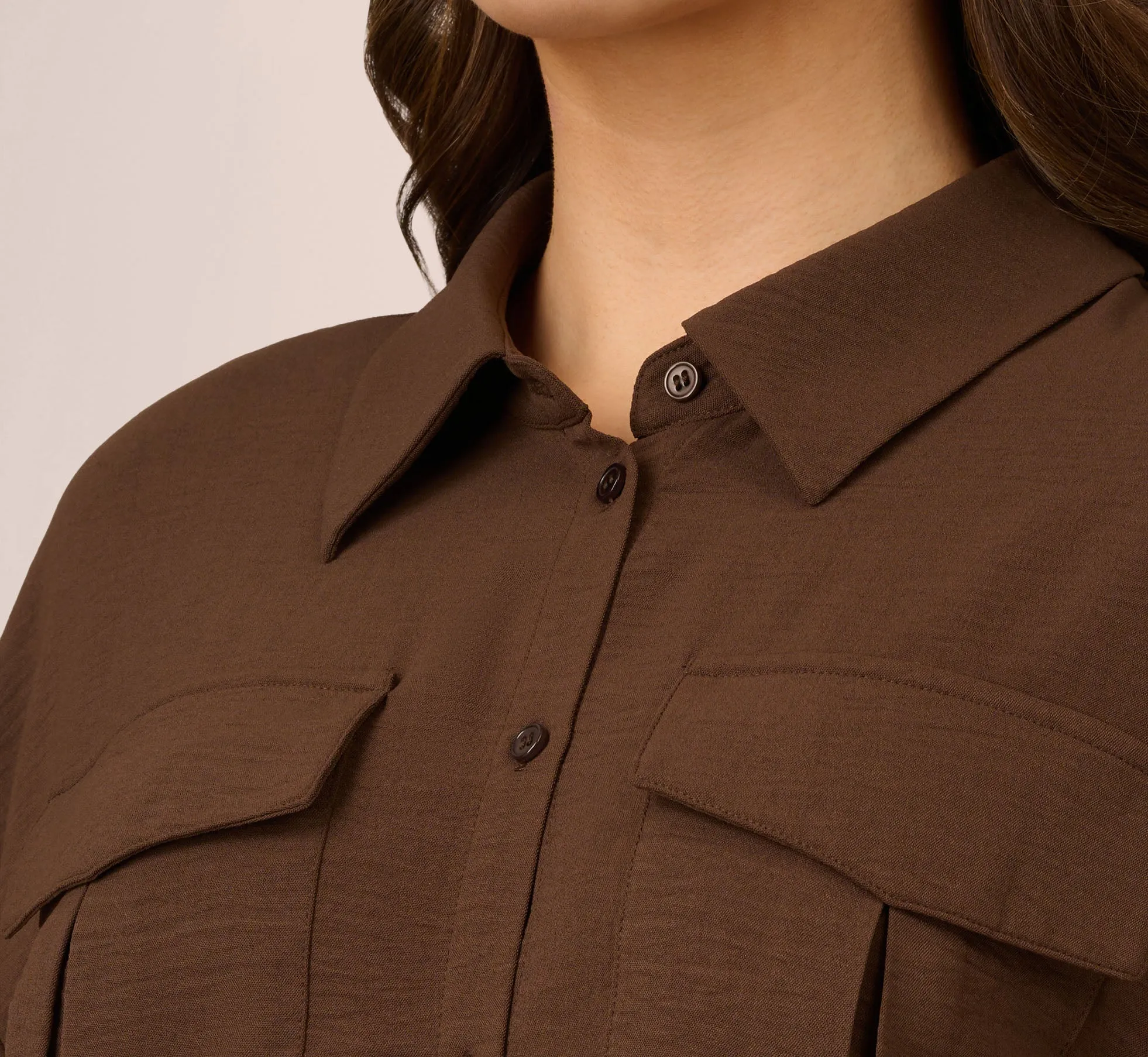 Button Up Utility Shirt With Self Tie Drawstring In Coastal Coffee