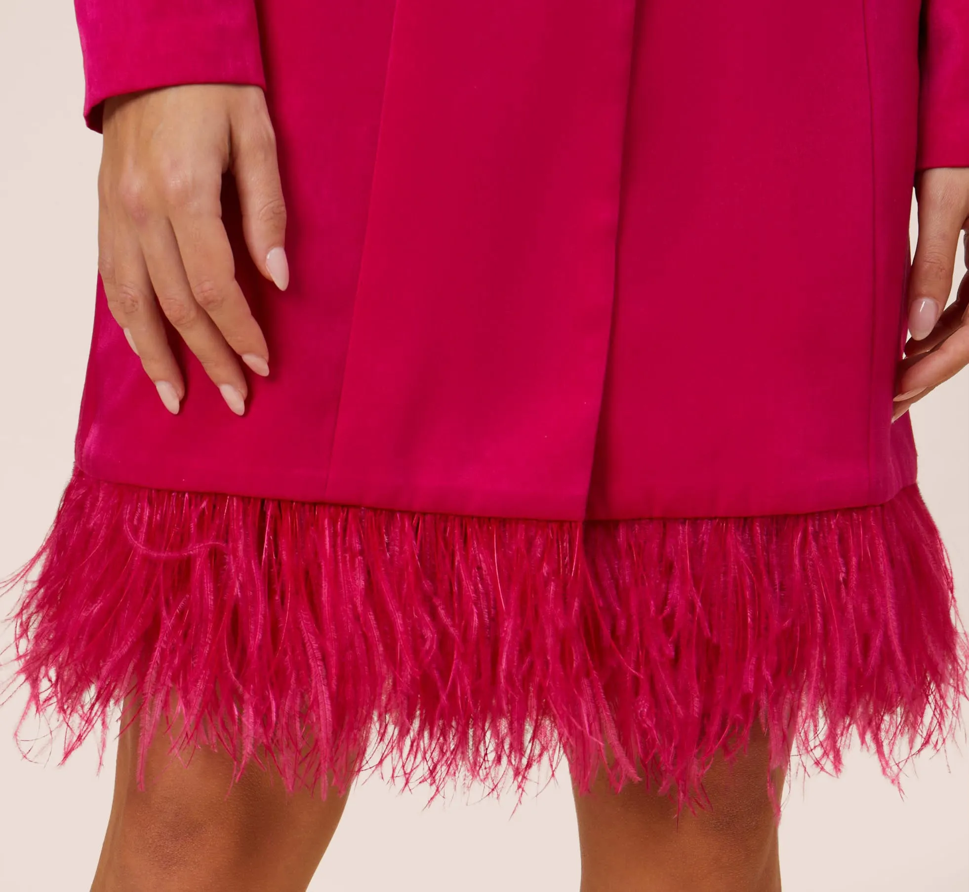 Charmeuse Tuxedo Short Sheath Cocktail Dress With Feather Trim In Bright Rose