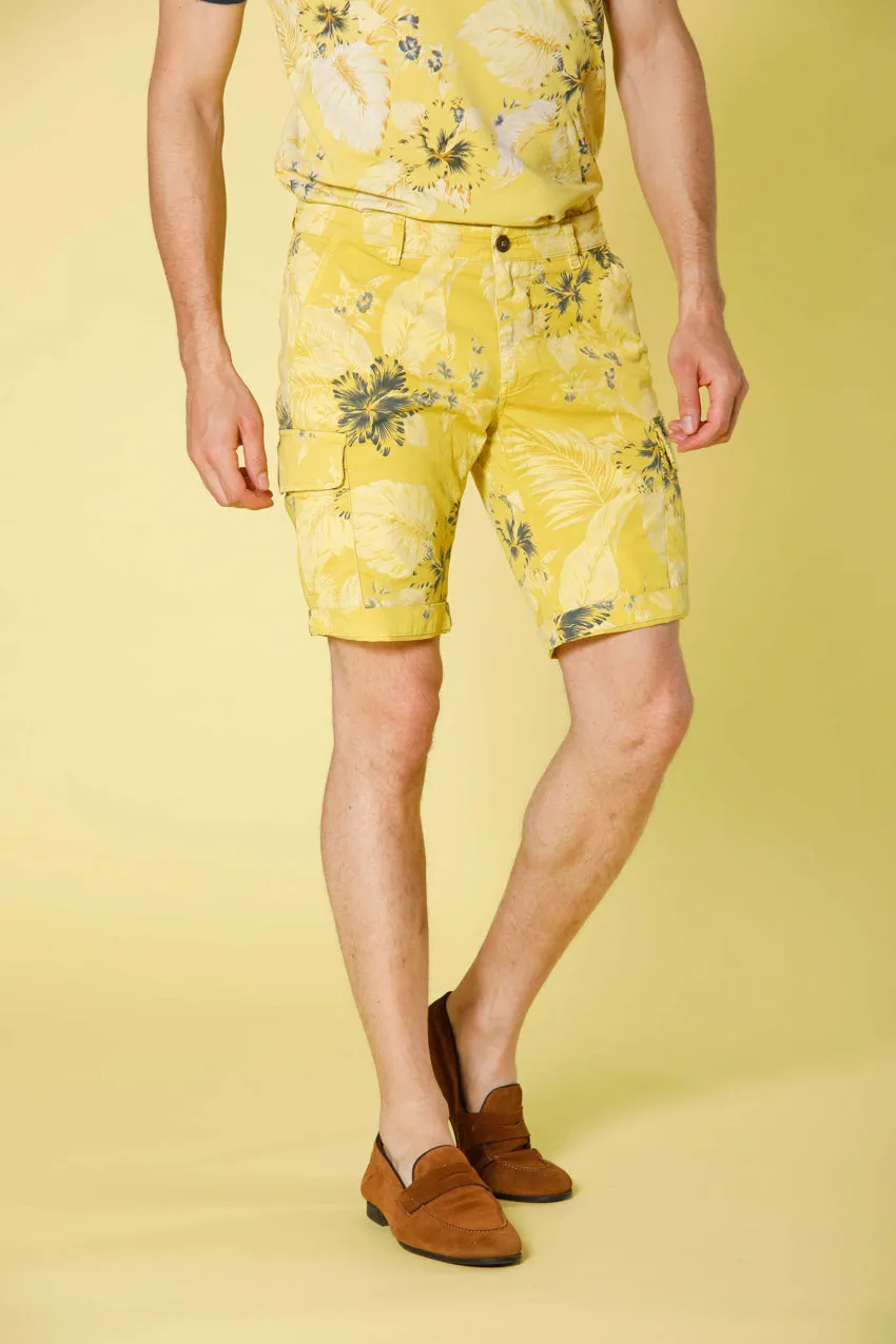 Chile 1 Men's Cotton Cargo Bermuda with Hawaii Flower Pattern Slim