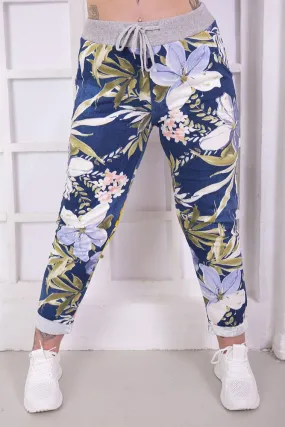 Cotton Tropical Floral Print Drawstring Trousers