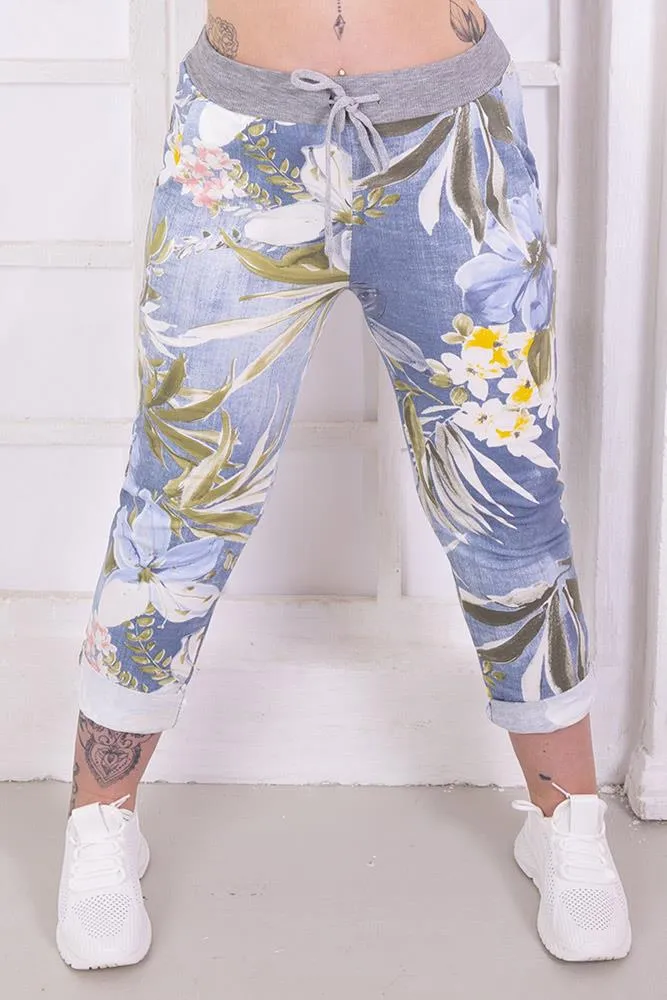 Cotton Tropical Floral Print Drawstring Trousers