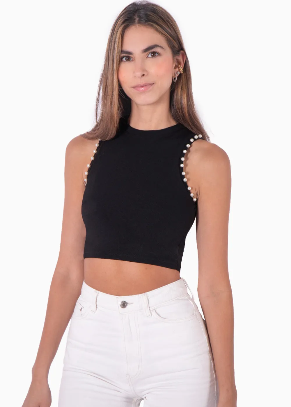 Crop top sin mangas con perlas - LISSANDRA