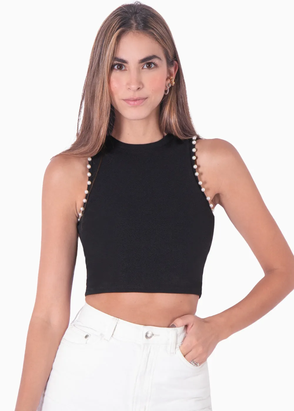 Crop top sin mangas con perlas - LISSANDRA