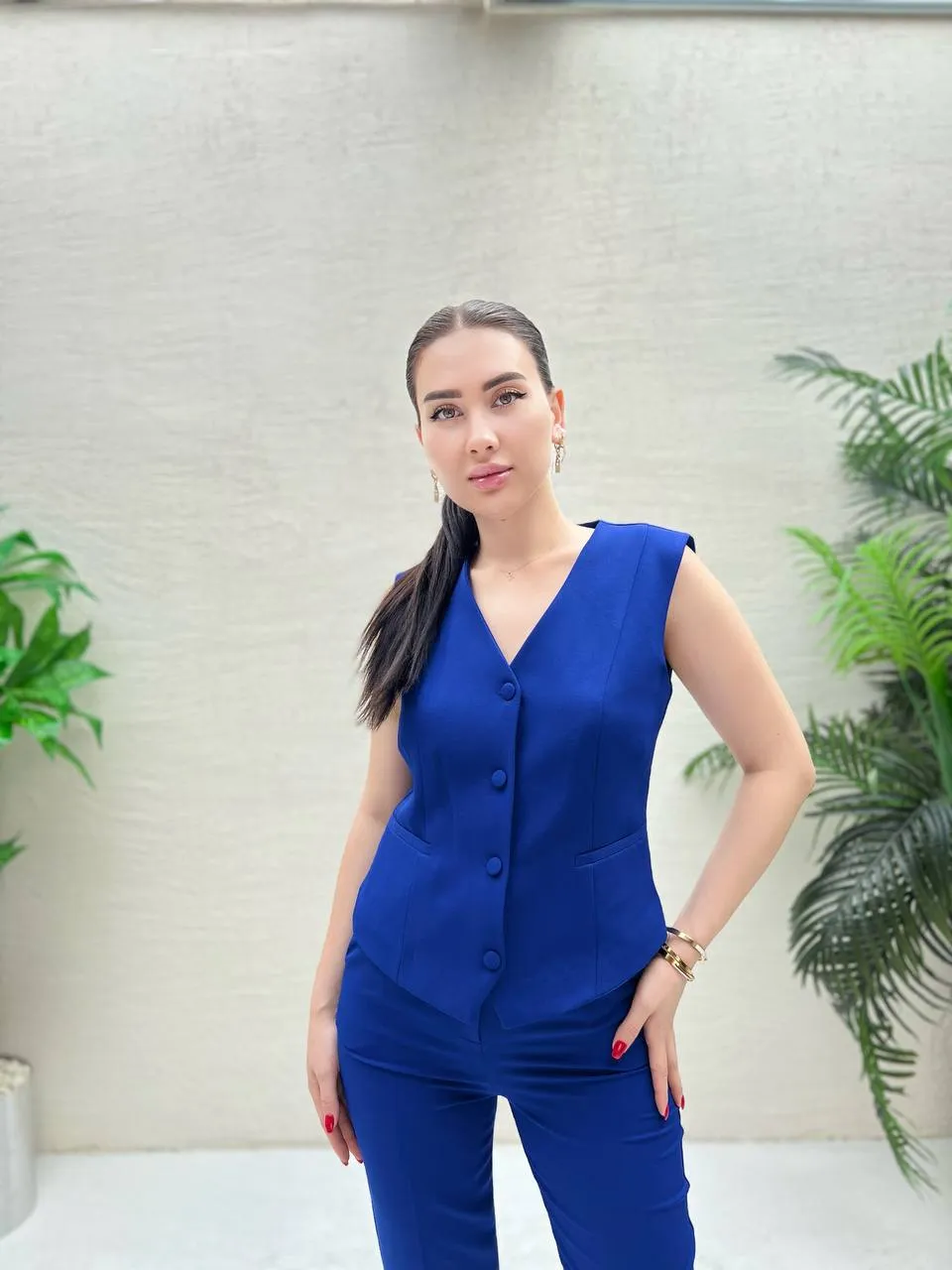 Crop vest with pocket placket-Royal Blue