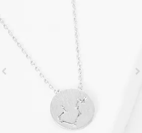 CZ Zodiac Sign Metal Disc Pendant Necklace (All Signs)