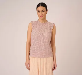 Dot Print Sleeveless Top With Ruffled Details In Champagne Small Dot