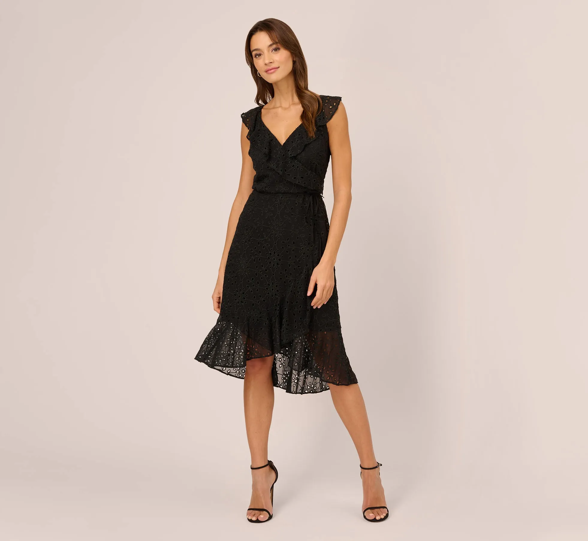 Eyelet Faux Wrap Midi Dress With Ruffle Details In Black