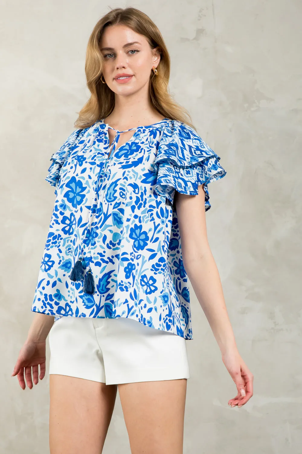 Flutter Sleeve Tassel Tie Print Top