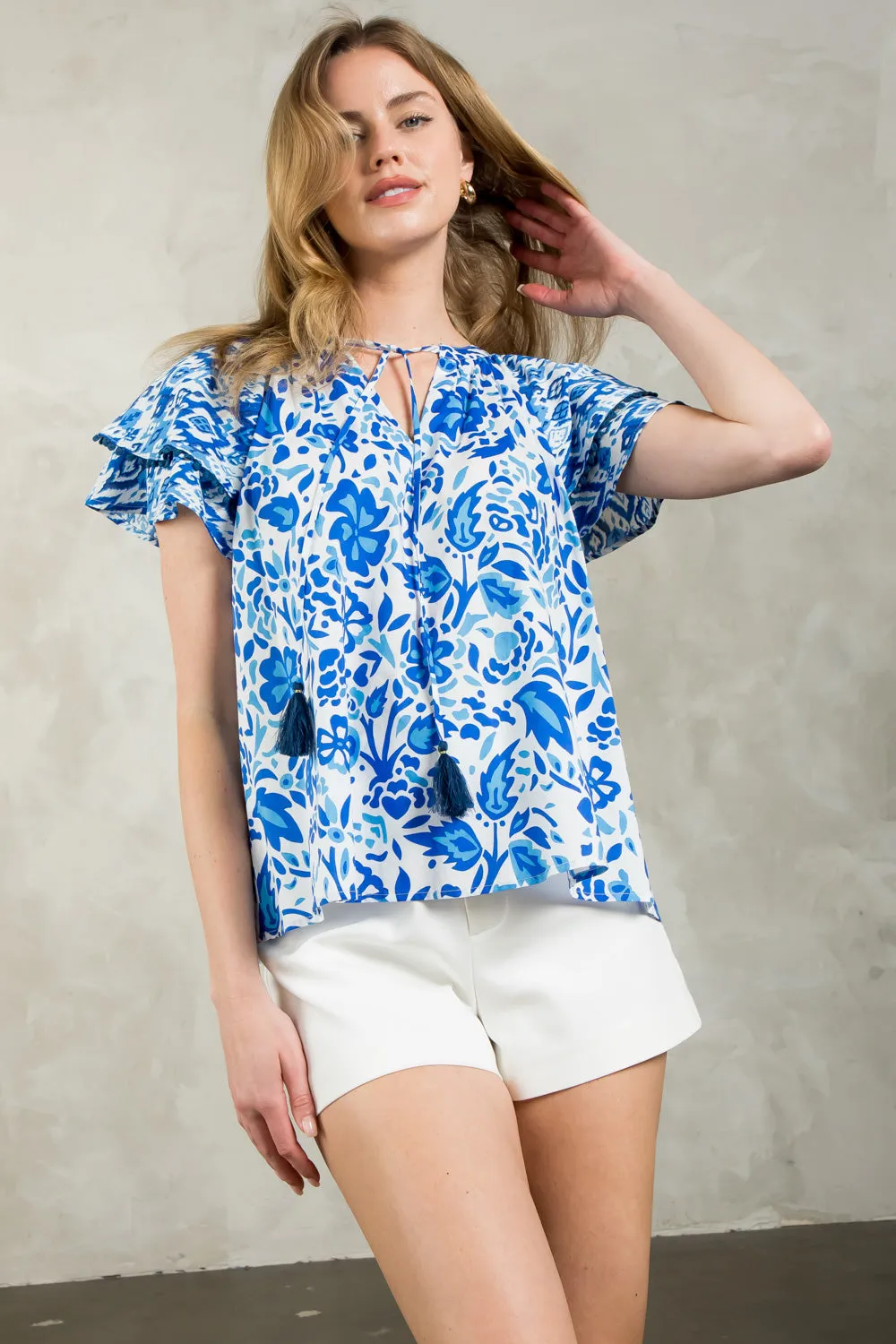 Flutter Sleeve Tassel Tie Print Top