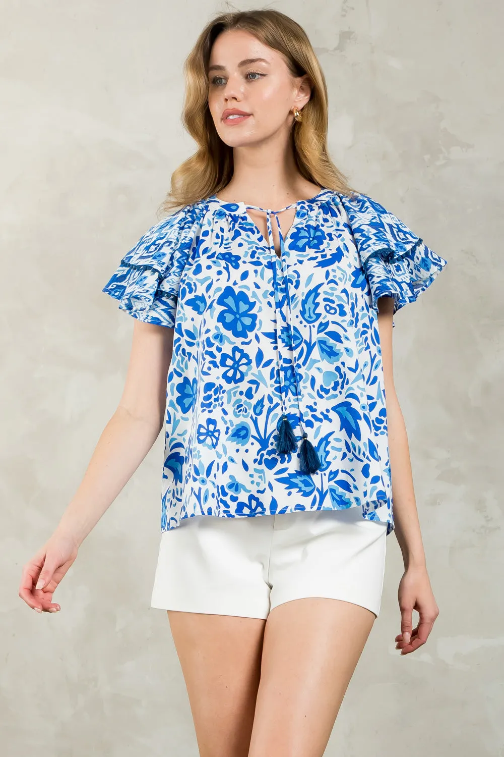 Flutter Sleeve Tassel Tie Print Top