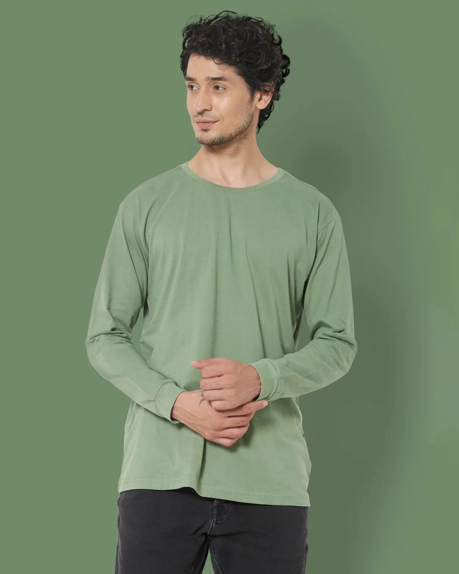 Full Sleeves Crew Neck: Sage Green