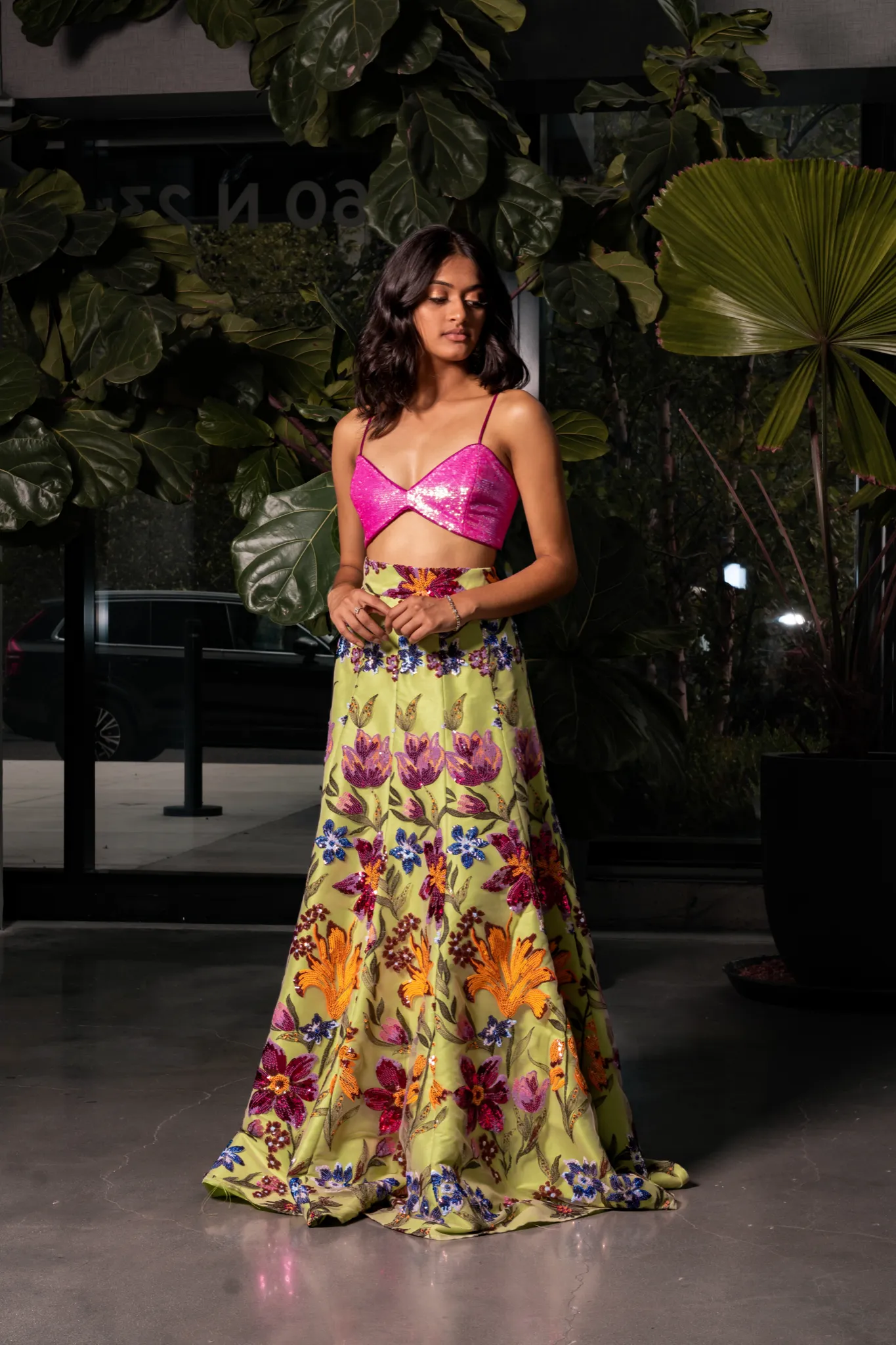 GABRIELLA Lime Floral Sequin Lehenga Skirt