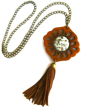 Genuine Leather Boho Tassel Necklace Brown Vegetable Dyed Flower Child Cutout Medallion With Kiwi Stone Center And Antiqued Brass Long Chain By Karen Kell