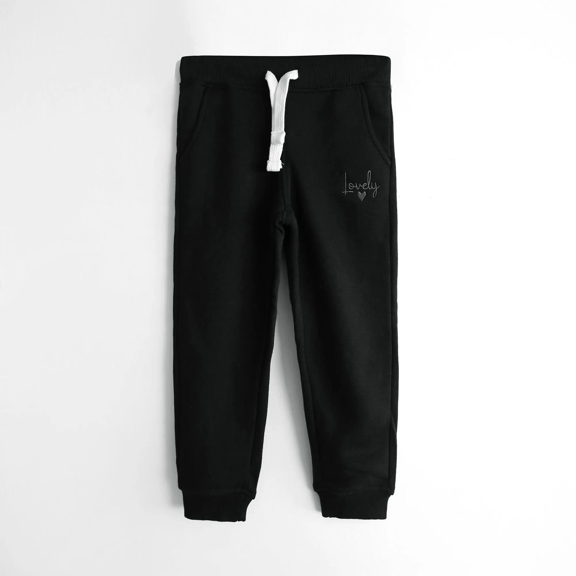 Girls Soft Cotton Embroidered Black Fleece Trouser