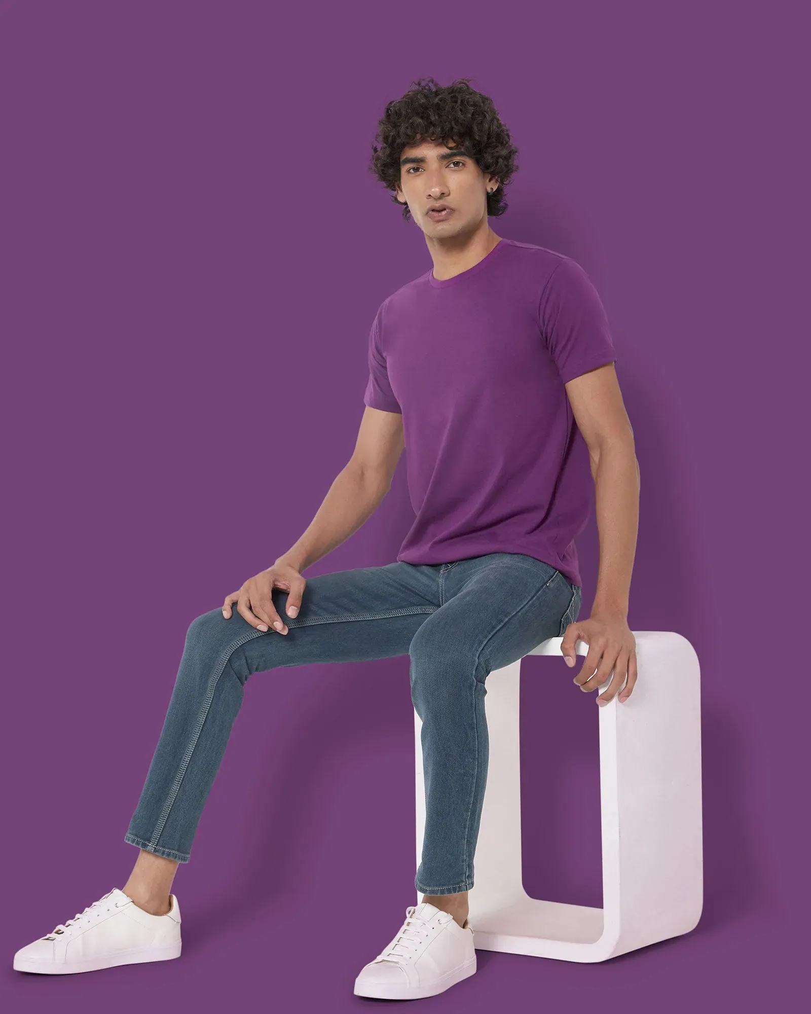 Half Sleeves Crew Neck: Eggplant Purple