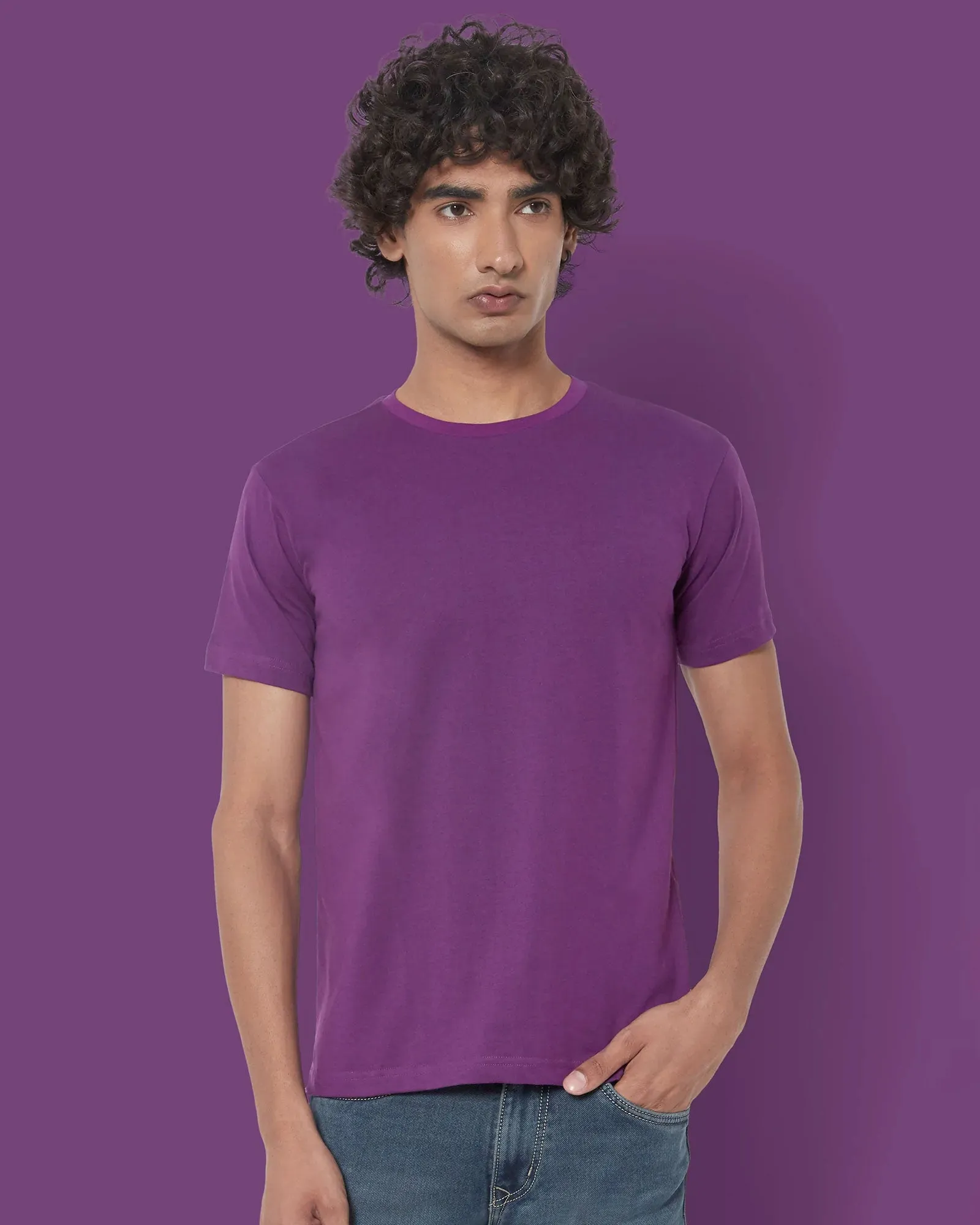 Half Sleeves Crew Neck: Eggplant Purple