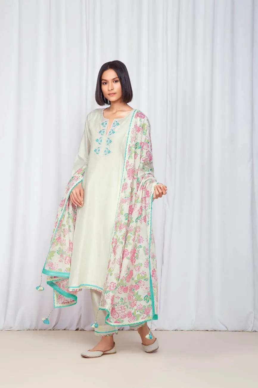 Ivory And Light Turquoise Kurta Set