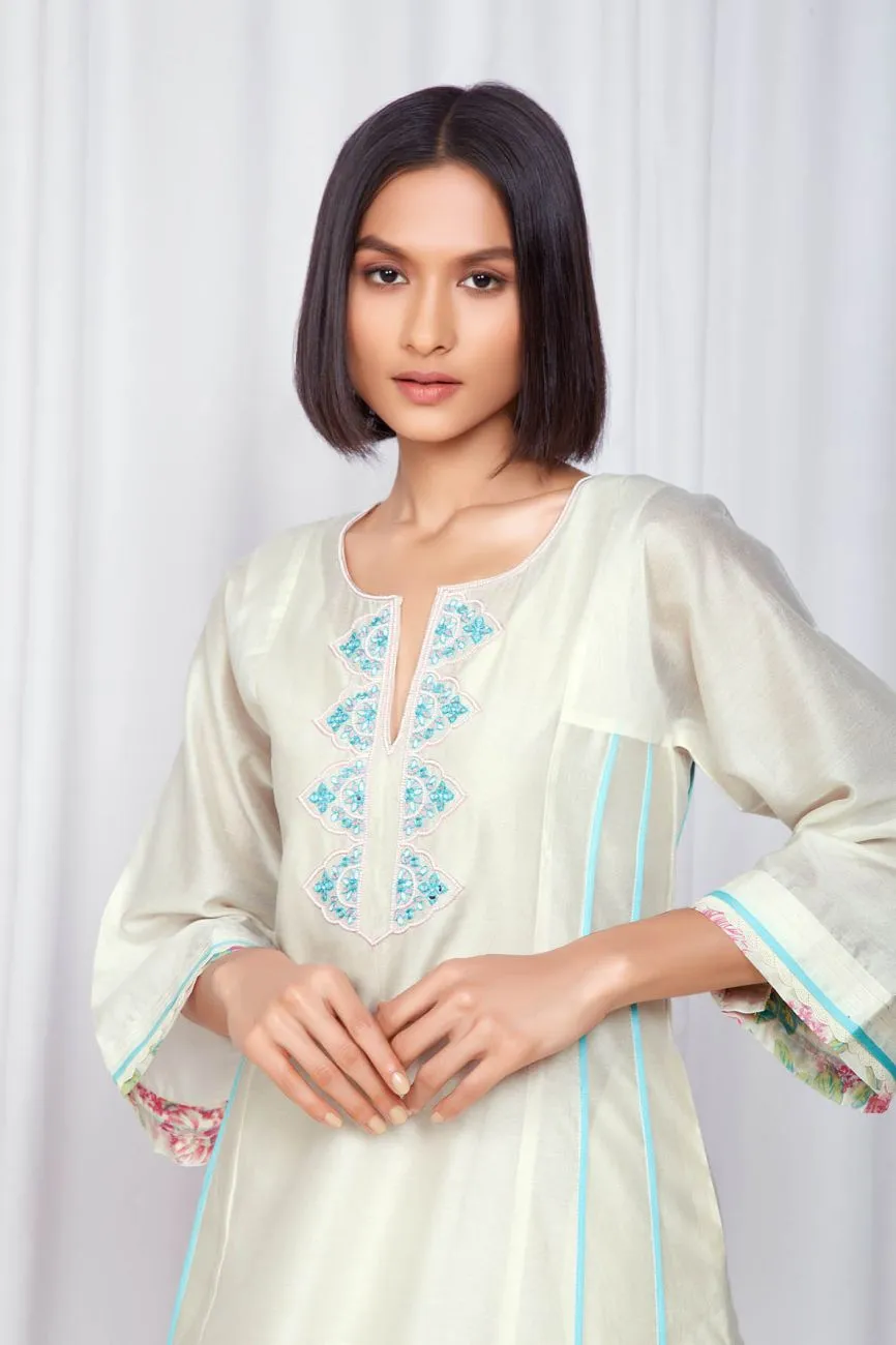 Ivory And Light Turquoise Kurta Set